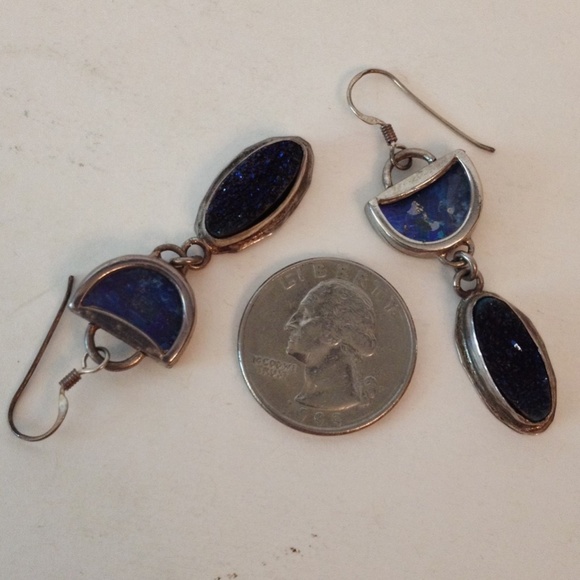 Druzy Quartz Roman Glass Earrings Sterling Silver Pierced Dangle Handcrafted - Picture 6 of 7